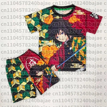 Demon Slayer Kyojuro Rengoku Flame Hashira 2-Piece Set Short Sleeve T-shirt and Matching Shorts Anime Print Casual Loungewear
