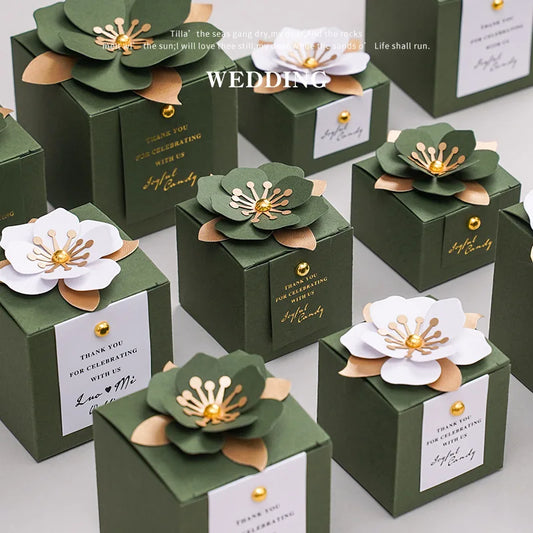 10pcs Forest Style Green Wedding Candy Box Square Three-dimensional Flower Box Packaging Gift Box Wedding Favors for Guests