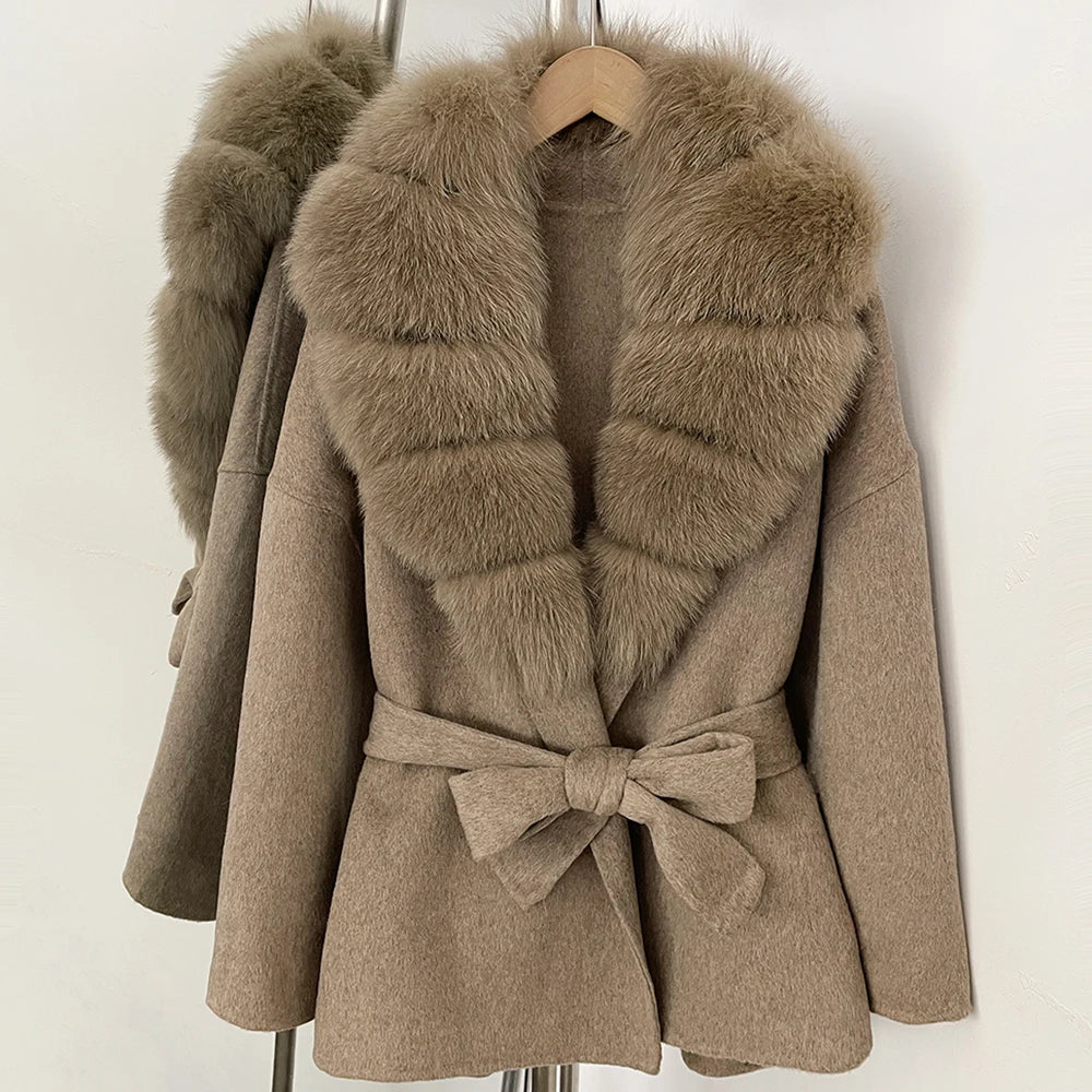 OFTBUY New Luxury Winter Clothes Outerwear Women Mid-Length 100% Wool Coat Real Fox Fur Collar Belted Wrap Woolen Jacket Female