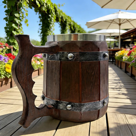450ml/15oz Wooden Barrel Beer Mug, Viking Style Resin Tankard with Stainless Steel Liner, Vintage Wood Grain Coffee Cup, Drinkin