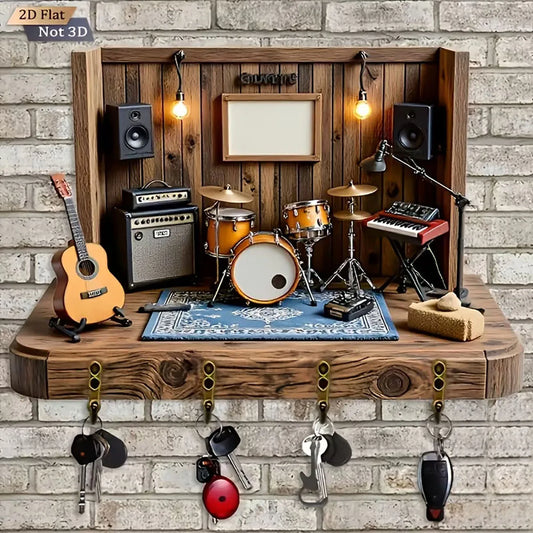 2D Flat Music Studio Key Holder, 4 Hooks Wooden Wall Mount, Rock Band Drum Kit Guitar Design, Decorative Organizer