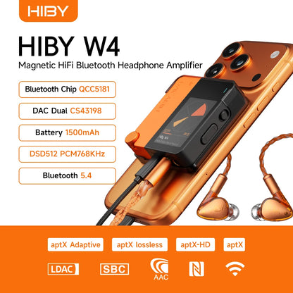 HiBy W4 3.5mm 4.4mm Wireless Audio HiFi Headphone Amplifier USB DAC Bluetooth 5.4 QCC5181 AC7923B DSD512 CS43198*2 CarPlay LDAC