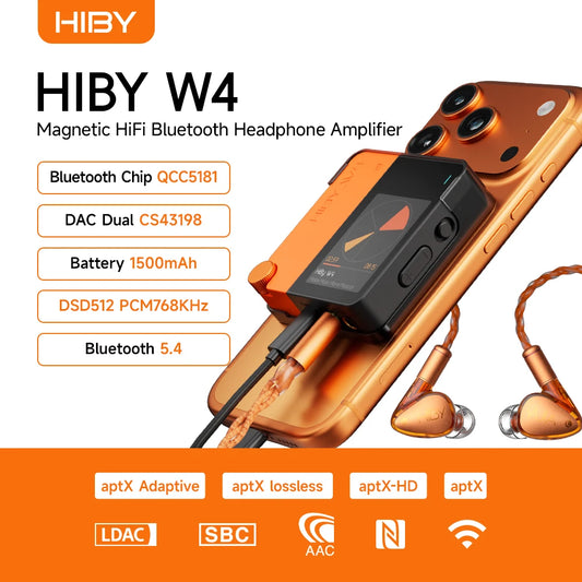 HiBy W4 3.5mm 4.4mm Wireless Audio HiFi Headphone Amplifier USB DAC Bluetooth 5.4 QCC5181 AC7923B DSD512 CS43198*2 CarPlay LDAC