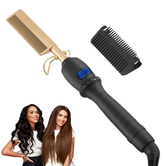 Dual Voltage Ceramic Pressing Comb - 450°F Fast Heating Straightening Comb 2-in-1 Hair Curler and Straightener Hot Comb