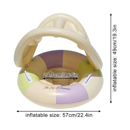1 Pc Striped Pool Float Ring with Handles, Inflatable Swim Tube with Canopy Sunshade