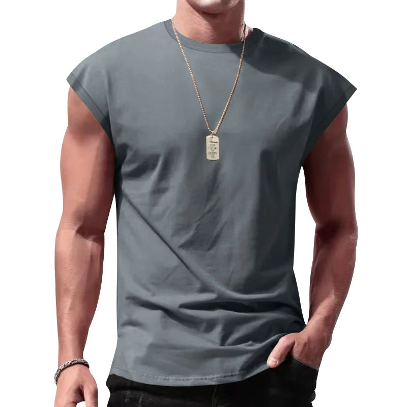 Independent Station 24 Cross-Border Men's Summer New Sleeveless T-Shirt Youth Casual Loose Solid Color Thin Shoulder T-Shirt Spo