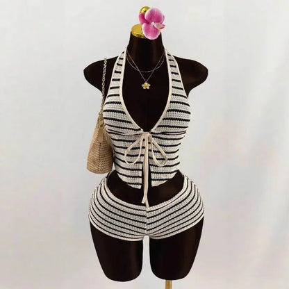 Summer Seaside Beach Vacation Style Knitted Lace up Slim Fit Halterneck Vest Half-Length Shorts Two-Piece Set for Women sexy sty