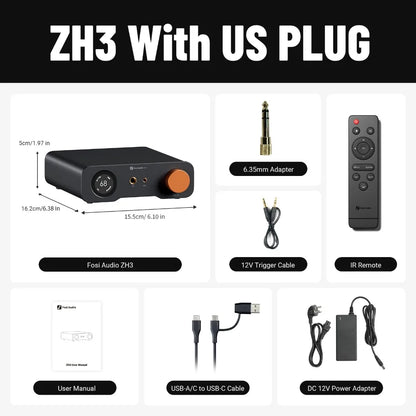 Fosi Audio ZH3 HIFI Headphone Amplifier AKM4493SEQ Desktop DAC Fully Balanced Preamp with Remote 12V Trigger Input