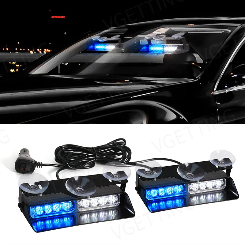2-in-1 LED Car Front Strobe Lights For Flash Warning Lamp Windshield Bar 16 Beads Amber White Auto Light Assembly