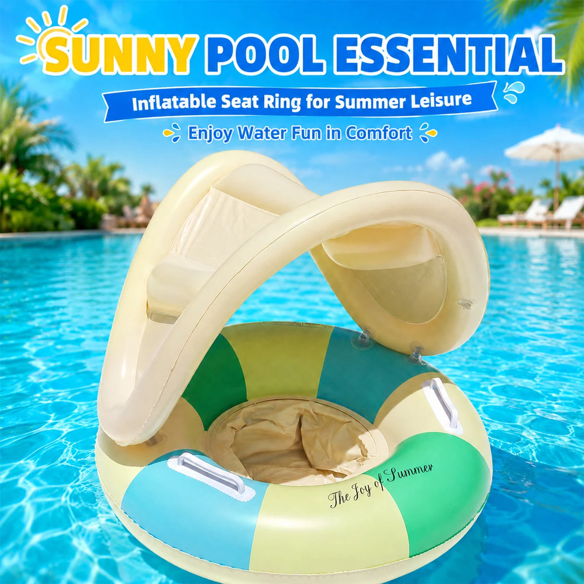 1 Pc Striped Pool Float Ring with Handles, Inflatable Swim Tube with Canopy Sunshade