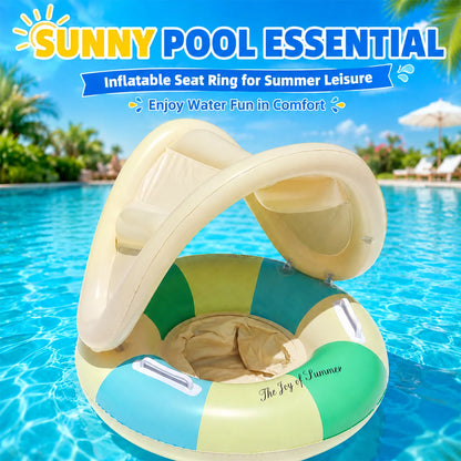 1 Pc Striped Pool Float Ring with Handles, Inflatable Swim Tube with Canopy Sunshade