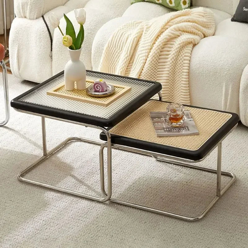 Nordic Rattan Combination Coffee Sofa Table Set Stainless Steel Solid Wood Glass Combination Modern Simple Style Wood Tables