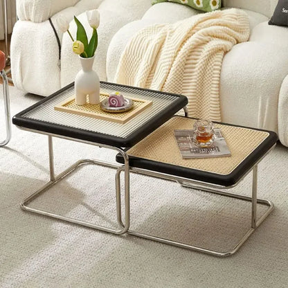 Nordic Rattan Combination Coffee Sofa Table Set Stainless Steel Solid Wood Glass Combination Modern Simple Style Wood Tables