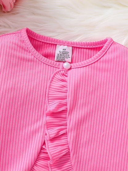 Children's Clothing Girl Autumn Fashion Casual Pink Floral Dress Set 2-Piece Set - Pink Round Neck Vest + Pink Floral Skirt