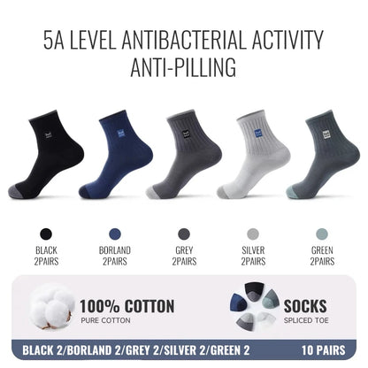 MiiOW 100% Pure Cotton Socks Men Business Dress Sock Anti Odor Crew Socks Antibacterial Breathable Sports Long Sock Black White