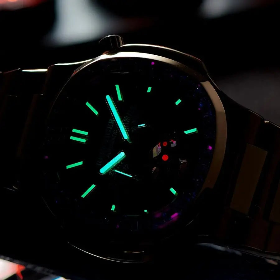 OBLVLO Men Automatic Watch Luxury 44mm Mechanical Wristwatch 50m Waterproof Sapphire Luminous Skeleton Dial 24 Hours