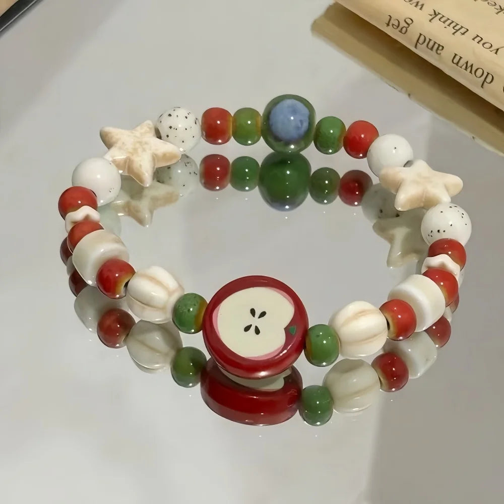 Dopamine Red Ceramic Apple Bead Bracelet Simple Handmade Splicing Bracelet For Women Retro Jewelry Trendy Accessories