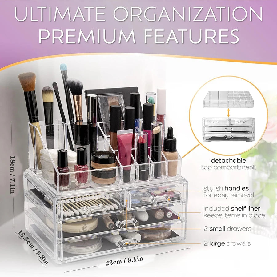 2-Tier Clear Makeup Organizer with Drawer, Acrylic Cosmetic Display Case for Makeup Vanity Bathroom Counter Organizers Storage