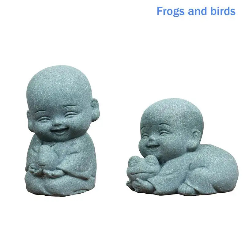 ♫Embracing Animal Monk Statue,Sandstone Finish Zen Baby Buddha Figurine,Mini Spiritual Decor for Home,Office & Garden