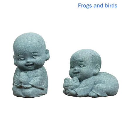 ♫Embracing Animal Monk Statue,Sandstone Finish Zen Baby Buddha Figurine,Mini Spiritual Decor for Home,Office & Garden
