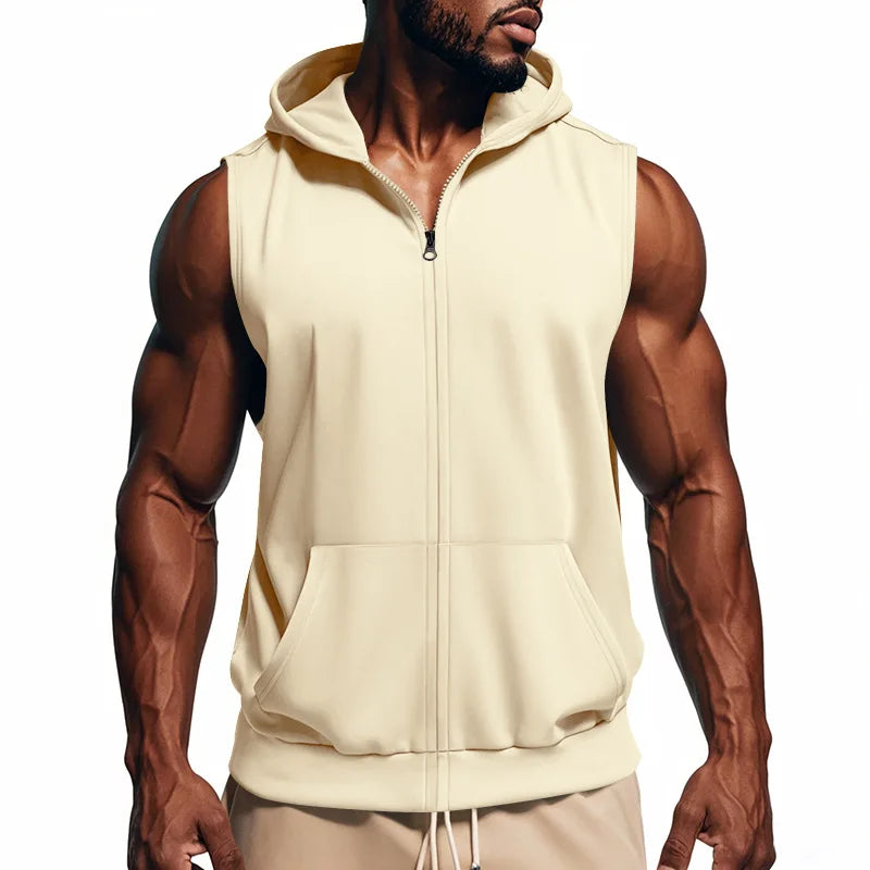 Summer New Hooded Vest Men's Sports Fitness Training Zipper Cardigan Sleeveless Vest Sleeveless Downjacket Blouson Homme Hiver