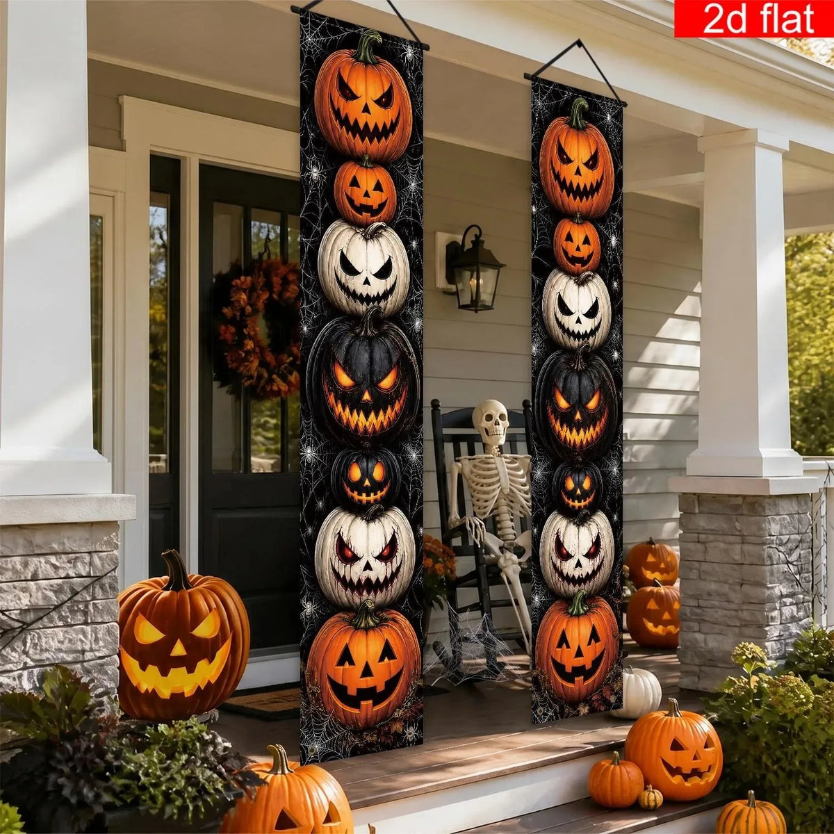 Halloween Porch Vertical Banner Set Scary Jack O Lantern Pumpkin Spider Web Hanging Sign for Outdoor Halloween Party Decorations