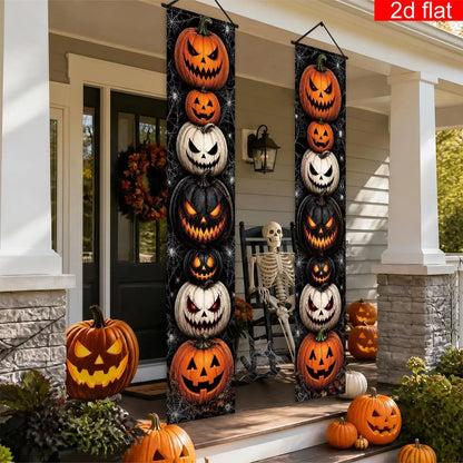 Halloween Porch Vertical Banner Set Scary Jack O Lantern Pumpkin Spider Web Hanging Sign for Outdoor Halloween Party Decorations