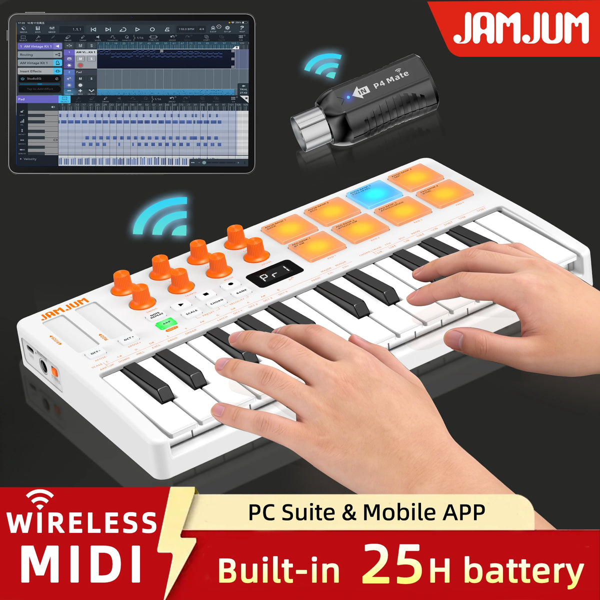 JAMJUM 25 KEY Midi Keyboard with A Wireless Midi Receiver Customized 8 RGB Backlit Pad Compact Portable Rechargeable Battery