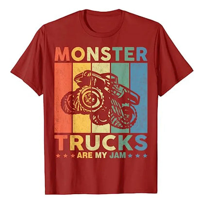 Monster Truck Are My Jam Vintage Tees Retro Sunset Cool Engines T-Shirt Monster Truck Car for Birthday Boy Sons Gifts Cute Tops