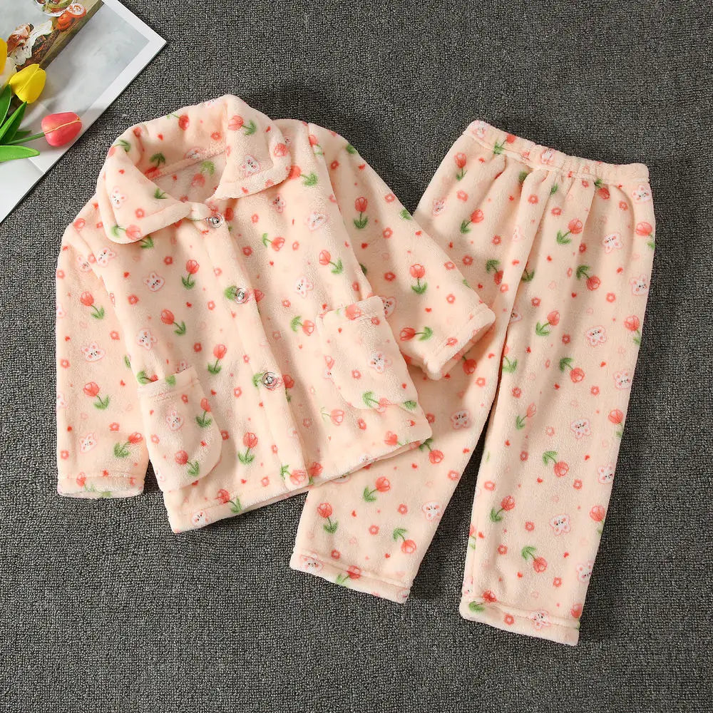 Girls' sleepwear long sleeved flannel children's sleepwear autumn and winter coral fleece boys' baby children's home Clothing se