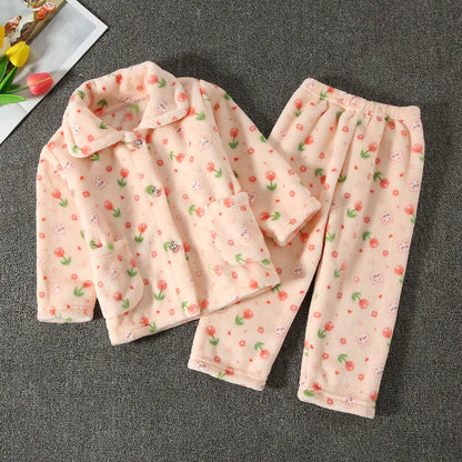 Girls' sleepwear long sleeved flannel children's sleepwear autumn and winter coral fleece boys' baby children's home Clothing se