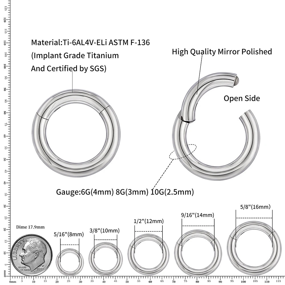 Right Grand ASTM F136 Titanium Large Gauge 6G 8G 10G Single Hinged Clicker Segment Hoop Ring Septum Nose Piercing