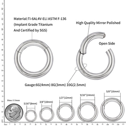 Right Grand ASTM F136 Titanium Large Gauge 6G 8G 10G Single Hinged Clicker Segment Hoop Ring Septum Nose Piercing