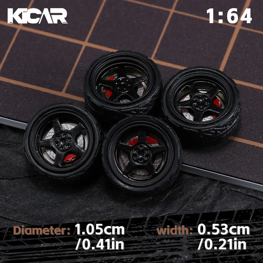 Kicarmod 1/64 10.5mm Alloy Model Wheels with Magnetic Hub Caps-with Rubber Tires for Tomica Custom Diecast Cars