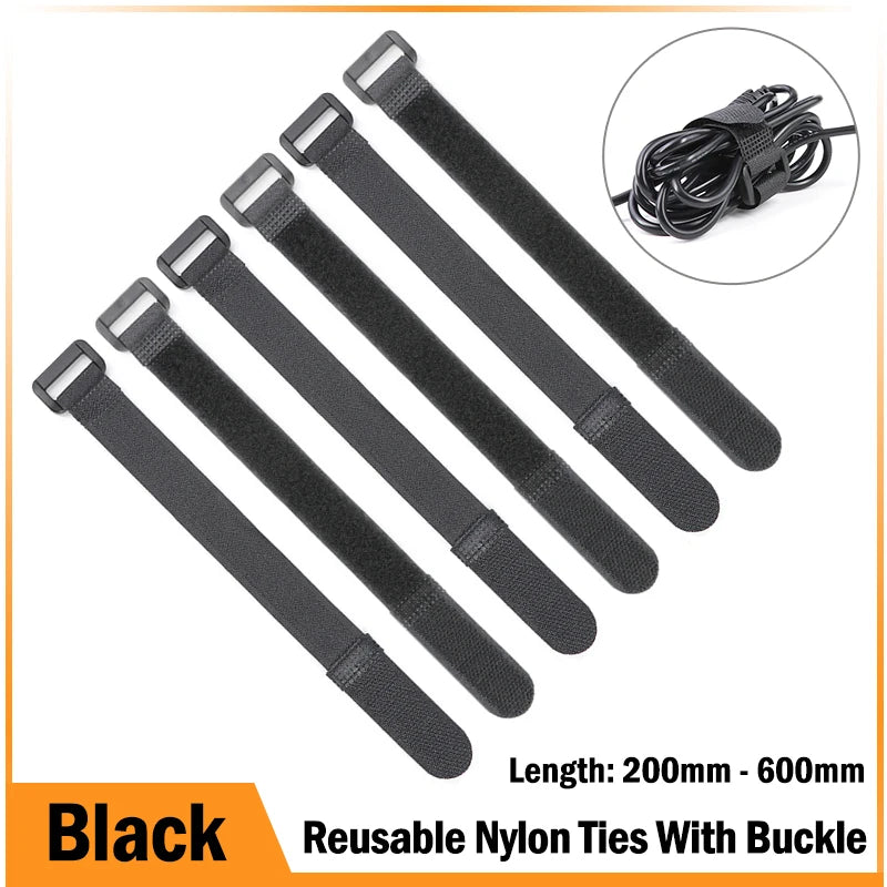 Black 200mm ~ 600mm Cable Ties Reusable Self Adhesive Nylon Strap Reverse Buckle Line Wire Organizer Hook Loop Bundle Fastener