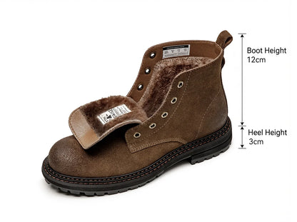 Maden Men Vintage Split Suede Fleece-lined Boots Brown High-Top Work Boots Lace-Up Desert Ankle Rugged Sole Boots Outdoor Shoes