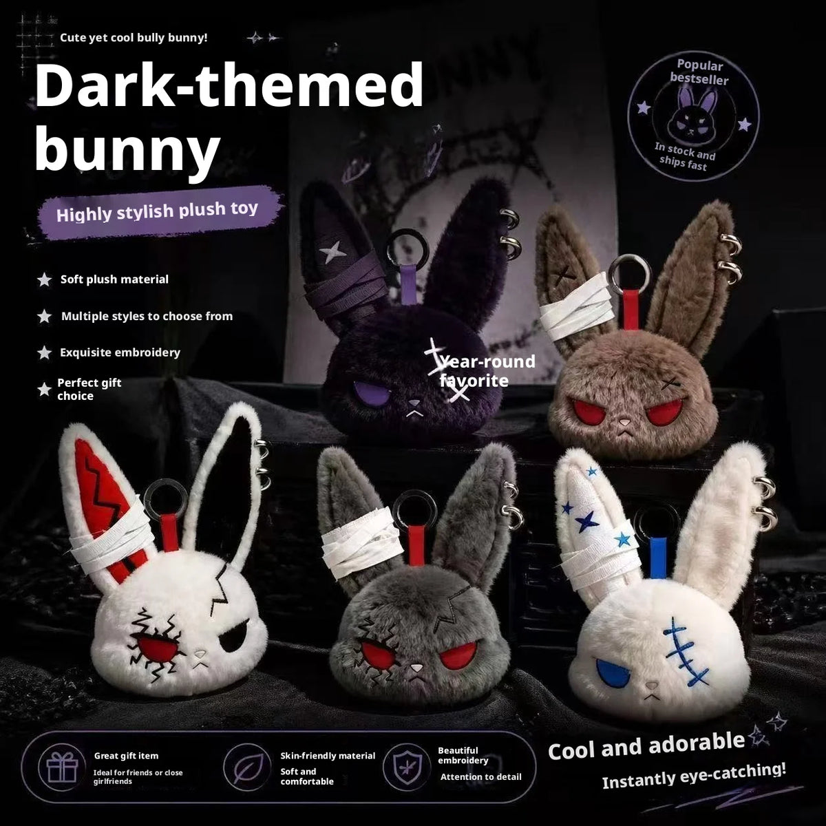 HOT Gothic Bunny Plush Keychain RabbitBag Charm with Bandage Desian Kawaii Key Ring Pendant Car Bag Ornament Halloween gifts