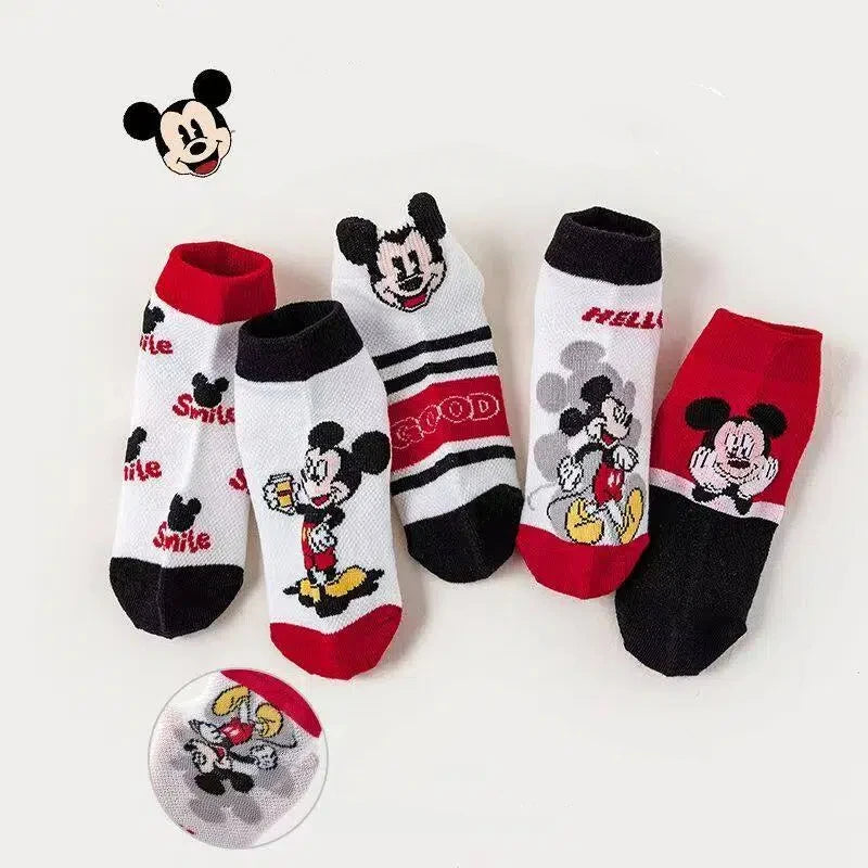5 Pairs of Girls' Striped Color Block Cartoon Printed Knitted Short Socks Korean Style Breathable Mesh Invisible Ankle Socks