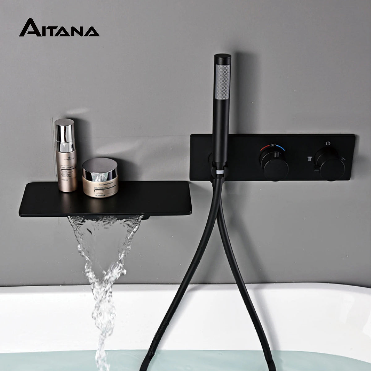 Light luxury brass thermostatic Gun gray bathroom faucet Wall-mounted design Double handle  Cold & Hot dual-control bathtub Tap