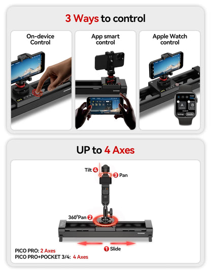 IFOOTAGE Shark Slider PICO PRO, 15.75'' Motorized Slider for DJI Pocket 3/4, Action Cameras and Smart Phones, Dual-Axis 360°