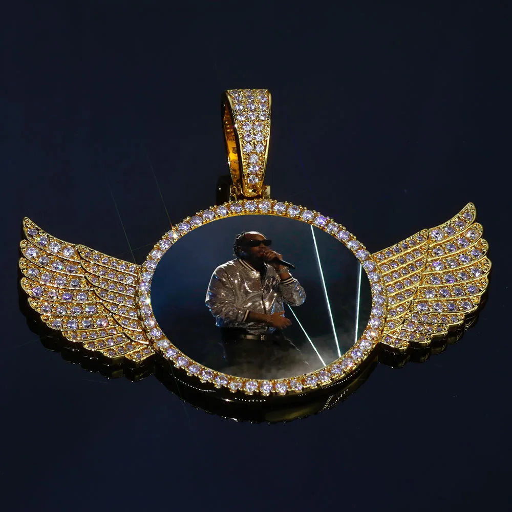 Hip Hop Jewelry 68mm Wing Circle Photo Pendant Bling Iced CZ Paved 18k Gold Plated Personalied Picture Pendant Necklace Custom