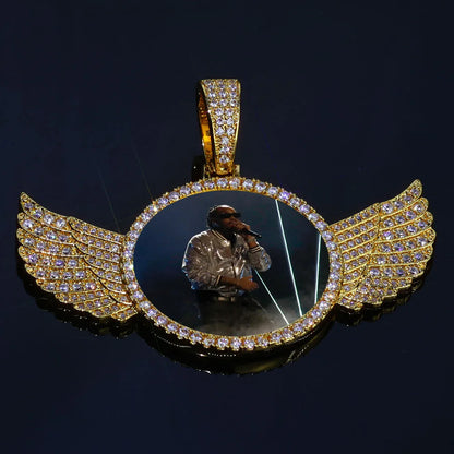 Hip Hop Jewelry 68mm Wing Circle Photo Pendant Bling Iced CZ Paved 18k Gold Plated Personalied Picture Pendant Necklace Custom