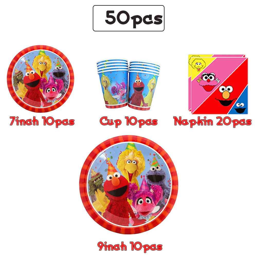 Cartoon Sesames Streeted Birthday Party Decoration Elmo Theme Balloon Set Plates Tissue Tablecloth Party Supplies Baby Shower