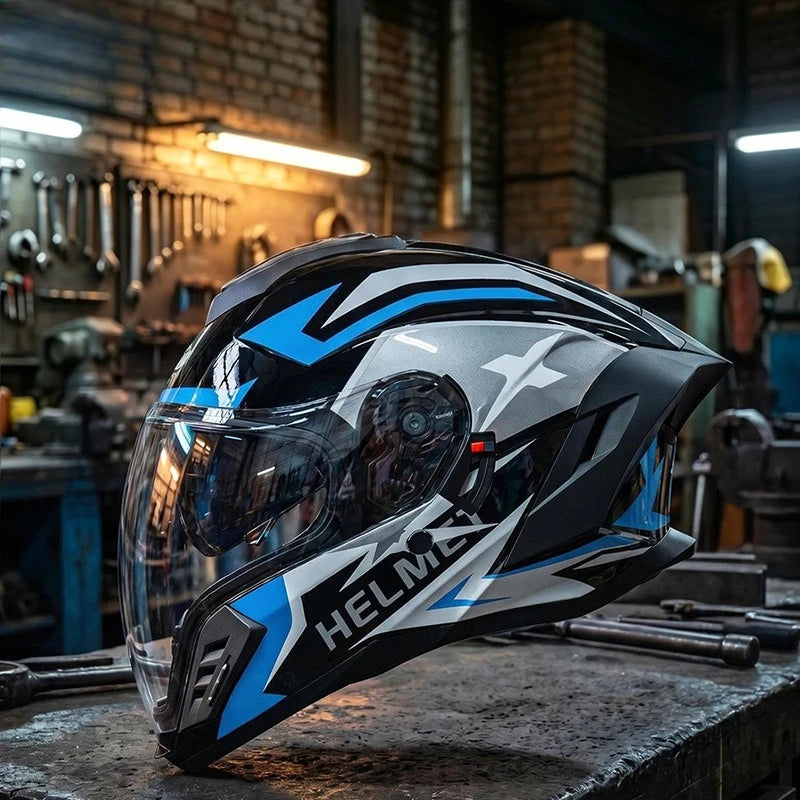 New Motorcycle Dual Lens Exposed Face Helmet Men's and Women's Four Season Models Large Tail Wing Motorcycle Full Face Helmet