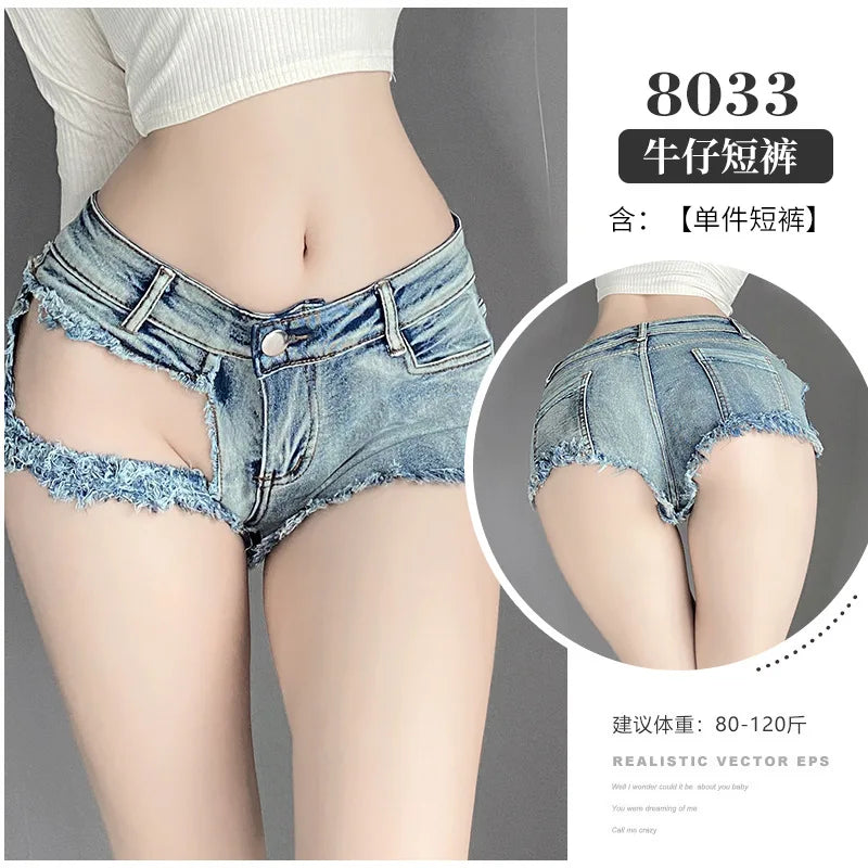 Sexy Low-rise Open Crotch Shorts Bodysuit with Distressed Denim Nightclub Lingerie Set