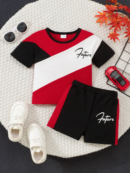 Summer Baby Boys 6-12M Red Black White Color Block "Future" Print Short Sleeve T-Shirt & Elastic Waist Shorts 2Pcs Set Casual Da