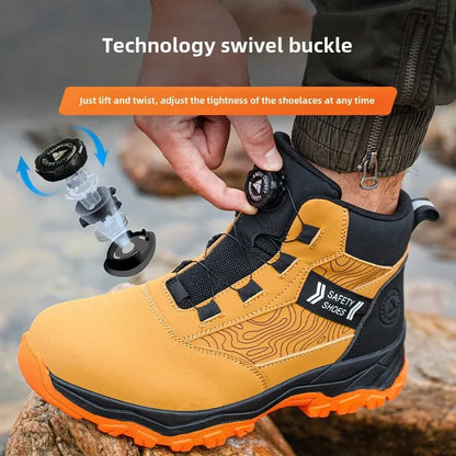 waterproof work shoes high man rotating button safety shoes anti-slip rubber outsole work boots sneakers with steel toe cap