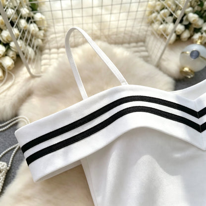 Sexy Mini Dresses Hotsweet Uniform Style Club Slimming Dress Retro Striped One-Shoulder Bodycon Short Skirt Sleeveless Fashion