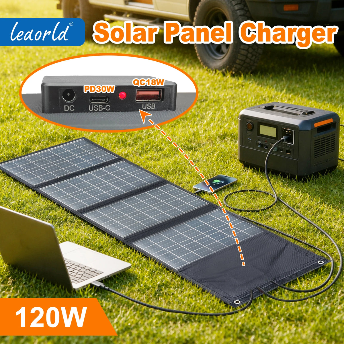 Leaorld 120W Solar Panel 12V Battery Charger, Foldable QC3.0 PD3.0 Solar Phone Fast Charger, Clips, Power Station, RVs, Camping