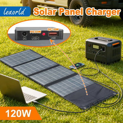 Leaorld 120W Solar Panel 12V Battery Charger, Foldable QC3.0 PD3.0 Solar Phone Fast Charger, Clips, Power Station, RVs, Camping